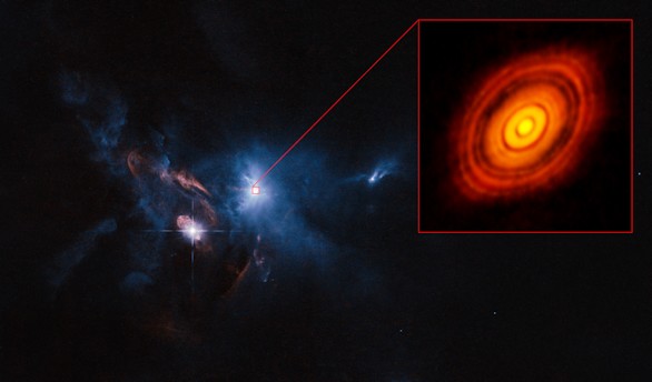 Composicin de imgenes que muestra a la joven estrella HL Tauri y sus alrededores. ALMA (ESO/NAOJ/NRAO), ESA/Hubble y NASA