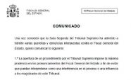 Comunicado del fiscal general del Estado en el que se niega a dimitir