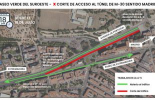 Obras de la A-5: cortado el paso inferior que conecta el paseo de Extremadura con la glorieta de la calle Dante y la avenida de Portugalo